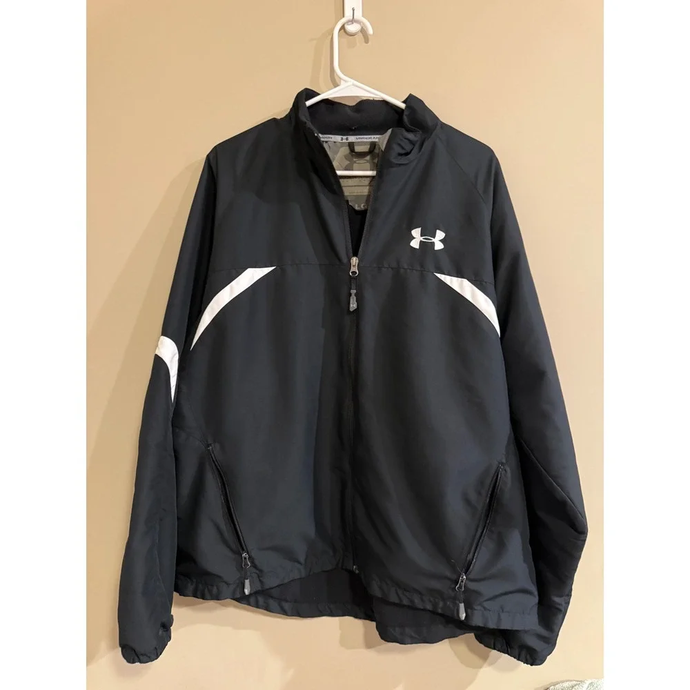 Under Armour Mens Black White Athletic Track Jacket Full‎ Zip Size LG
